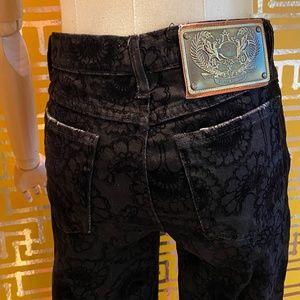 JUST CAVALLI Decorative Flocked Black Denim Flare Jeans